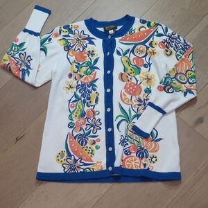 Bob Mackie Cardigan Sweater Women's sz S Tropica/Fruit Floral White/Blue Sweater